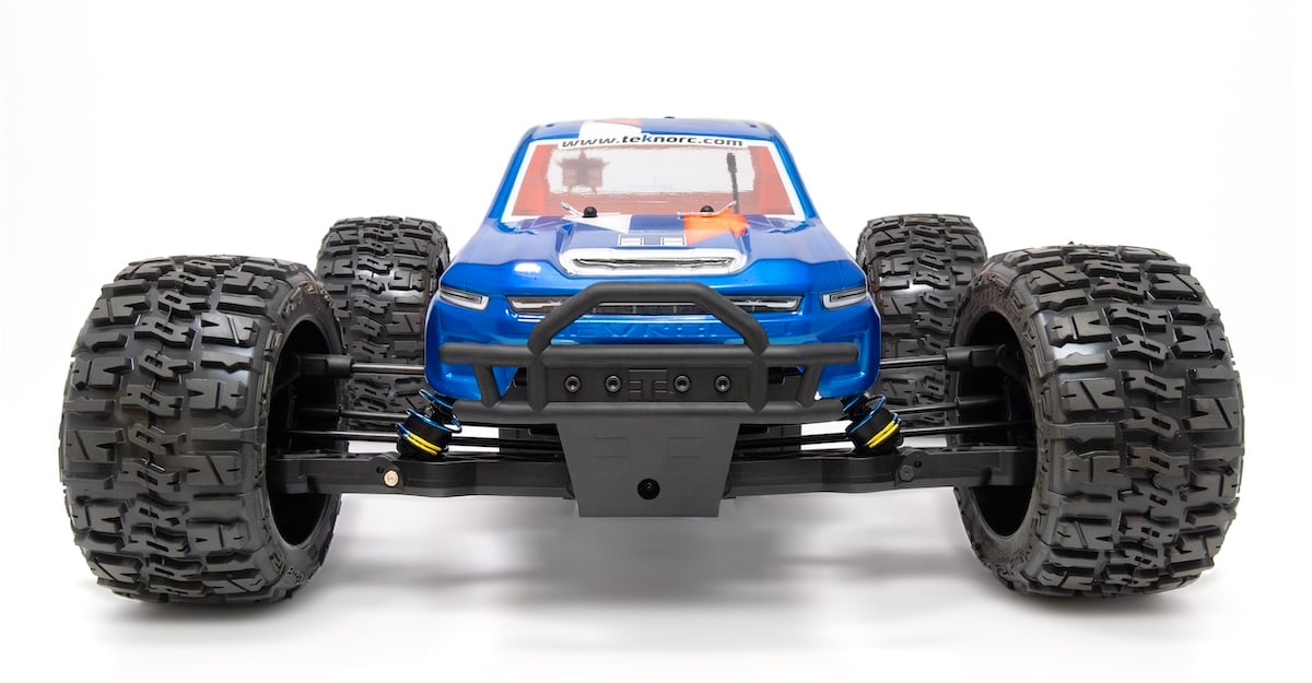 Front view of a level body RC car
